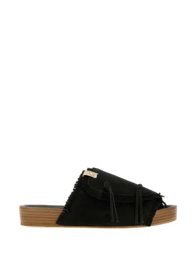 Visvim Mens Black Christo Shaman Folk Leather Flat Sandals In Animal Print