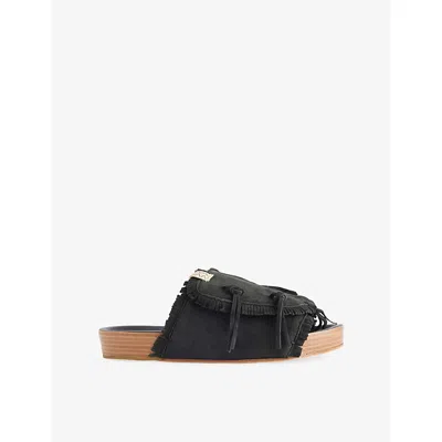 Visvim Mens Black Christo Shaman Folk Leather Flat Sandals In Animal Print
