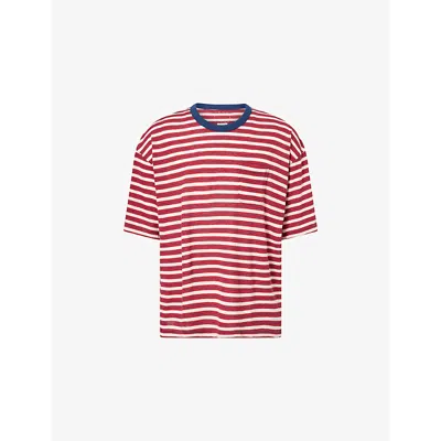 Visvim Mens Red Mondo Border Striped Wool And Cotton-blend T-shirt