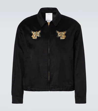 Visvim Embroidered Long Sleeve Jacket With Ribbed Cuffs In Blue
