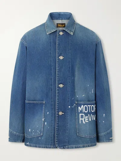 Visvim Printed Distressed Denim Jacket In Blue