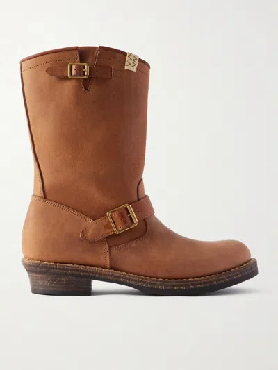 Visvim T.w.o. Folk Distressed Buckled Textured-leather Boots In Brown
