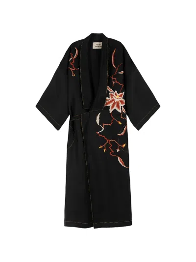 Vita Kin Barcelona Floral-embroidered Wrap Midi Dress In Black