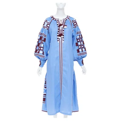 Pre-owned Vita Kin Blue Linen Red Folk Ethnic Embroidery Boho Peasant Kaftan Dress S/d