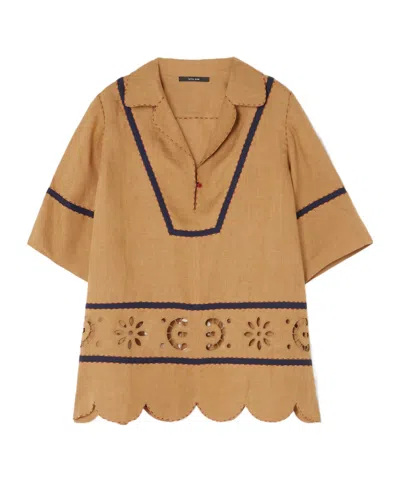 Vita Kin Cutwork Linen Lapel Blouse In Brown