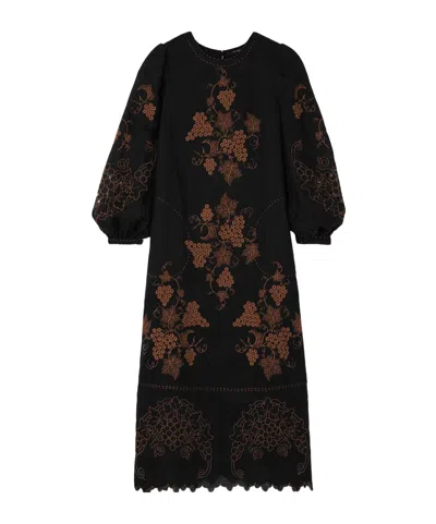 Vita Kin Embroidered Linen Midi Dress In Black