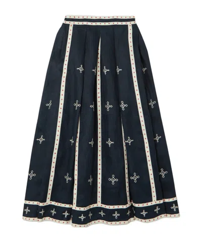 Vita Kin Gera Embroidered Linen Midi Skirt In Blue