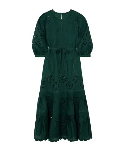 Vita Kin Karry Tiered Embroidered Broderie Anglaise Linen Midi Dress In Green