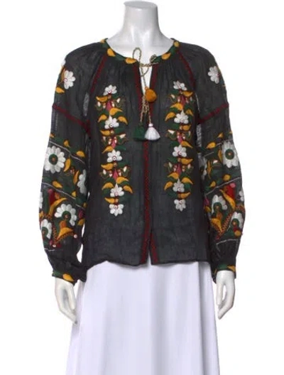 Pre-owned Vita Kin Linen Floral Print Blouse In Black