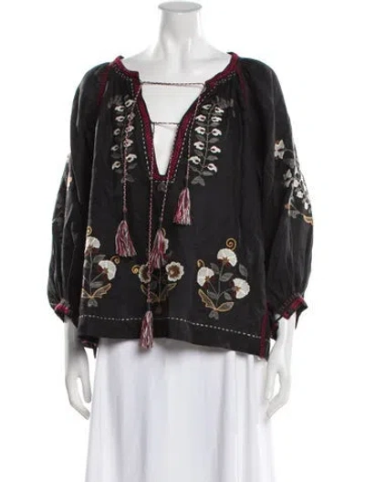Pre-owned Vita Kin Linen Floral Print Blouse In Black