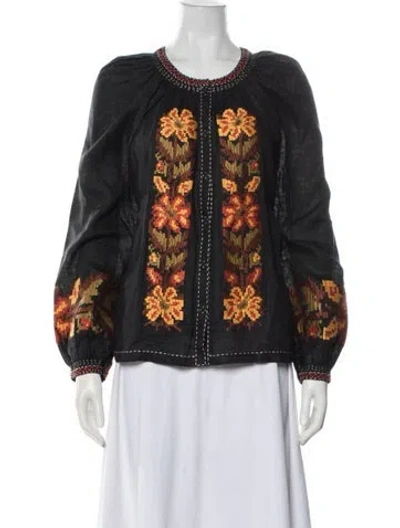 Pre-owned Vita Kin Linen Floral Print Blouse In Black