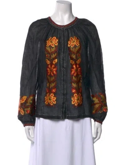 Pre-owned Vita Kin Linen Floral Print Blouse In Black