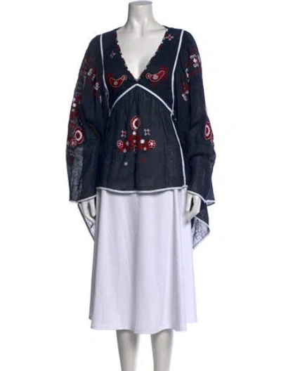 Pre-owned Vita Kin Linen Floral Print Top In Blue