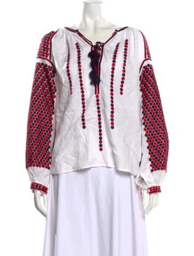 Pre-owned Vita Kin Linen Polka Dot Print Blouse In White