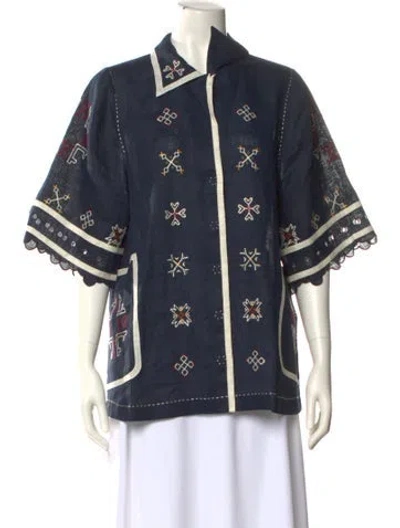 Pre-owned Vita Kin Linen Printed Button-up Top In Blue