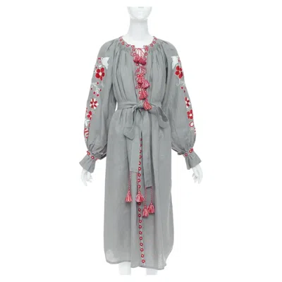 Pre-owned Vita Kin Linen Red Folk Floral Embroidered Belted Boho Peasant Kaftan Dress S/d