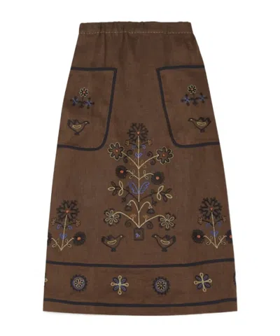 Vita Kin Misha Embroidered Linen Midi Skirt In Brown