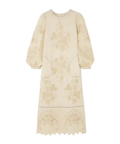 Vita Kin Ophelia Scalloped Broderie Anglaise Linen Midi Dress In Brown