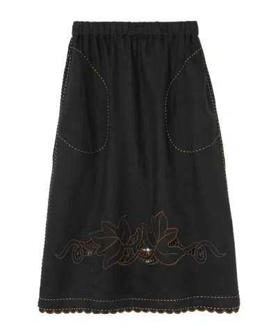 Vita Kin Stella Embroidered Broderie Anglaise Linen Midi Skirt In Black