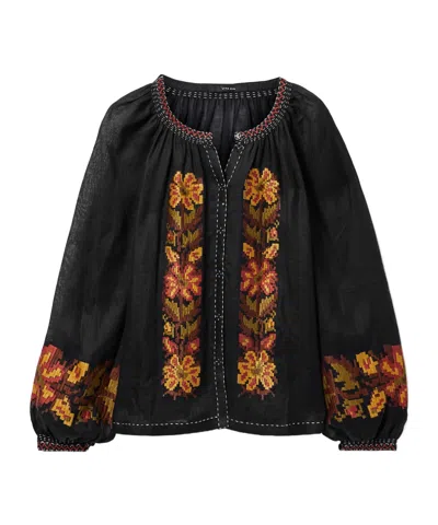 Vita Kin Tasya Embellished Embroidered Linen Blouse In Black