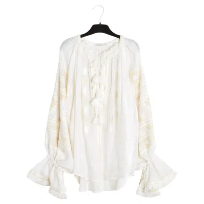 Pre-owned Vita Kin Top Lin Taille Standard Sd Ecru Beige Linen Embroided Blouse Size M L In Brown