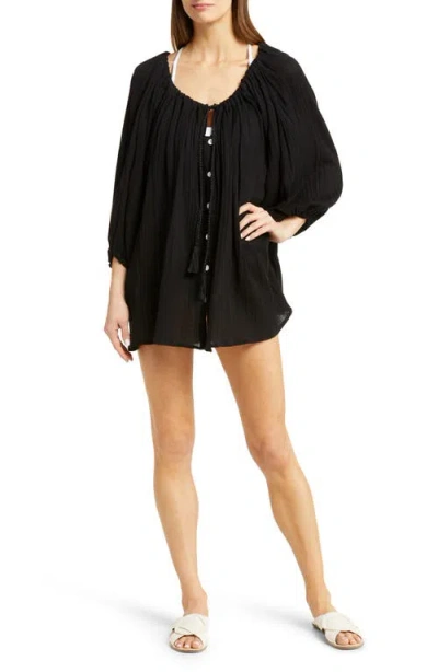 Vitamin A ® Costa Three-quarter Sleeve Cotton Cover-up Tunic In Black Organic Crinkle Cotton
