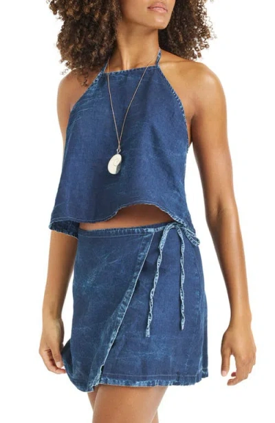 Vitamin A ® Hana Halter Organic Cotton & Linen Denim Cover-up Top In Blue