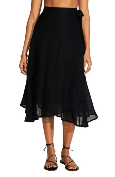 Vitamin A Lana Linen Cover-up Wrap Midi Skirt In Black Eco Linen