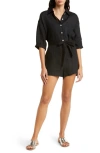 Vitamin A Playa Coverup Button-front Romper In Ecolinen Black