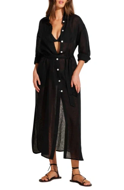 Vitamin A Playa Long Seeve Linen Cover-up Maxi Shirtdress In Black Eco Linen