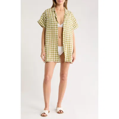Vitamin A ® Playa Pocket Linen Cover-up Button-up Shirt In Avocado Gingham