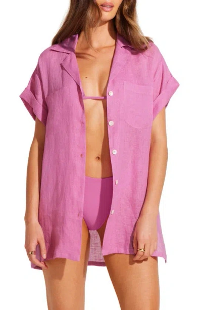 Vitamin A Playa Pocket Linen Cover-up Button-up Shirt In Bubblegum Eco Linen