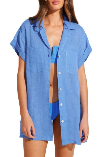 Vitamin A Playa Pocket Linen Cover-up Button-up Shirt In Dream Blue Eco Linen