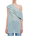 Vitelli Draped Neckline Sheer Linen Top With Asymmetrical Design In Blue
