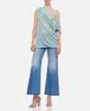 Vitelli Draped Neckline Sheer Linen Top With Asymmetrical Design In Sky Blue