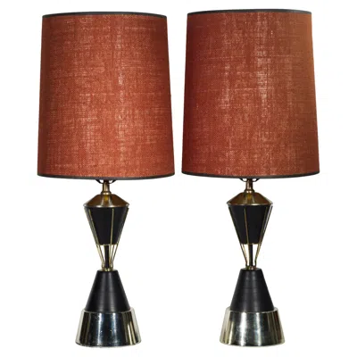 Pre-owned Vitra Pair Of Brass And Black Enamel Table Lamps In Style Of , 1960's