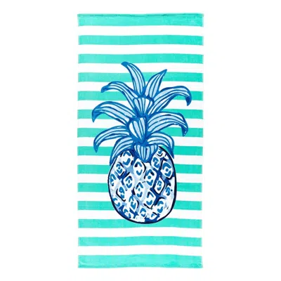 Viv & Lou Striped Tropical Pineapple Beach Towel In Blue Aqua