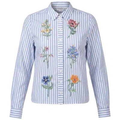 Viva K Embroidered Stripe Floral Detail Button Front Blouse In Blue