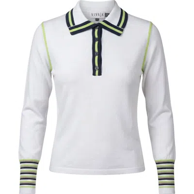 Viva K Striped Button Placket Contrast Sleeve Sweater In White