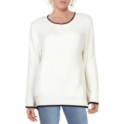 Vivante By Vsa Womens Ribbed Contrast Trim Pullover Sweater In White
