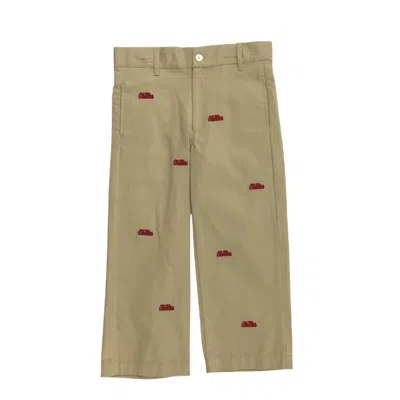 Vive La Fete Kids' Boy's Ole Miss Collegiate Hand Embroidered Pants In Khaki In Animal Print