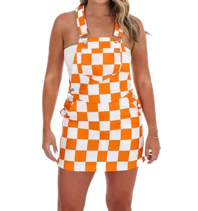 Vive La Fete Overall Bib Checkerboard Mini Dress In Orange White