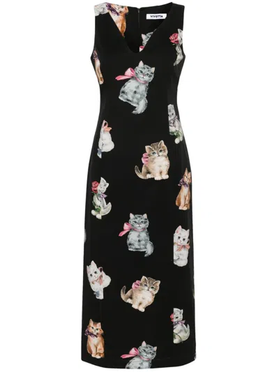 Vivetta Cats-print Midi Dress In Black