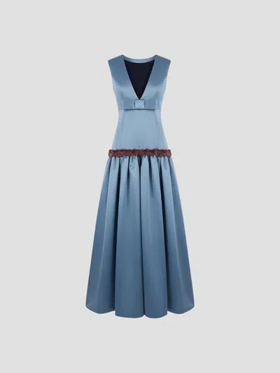 Vivetta Elegant Long Dress With Anemone Embroidery In Blue