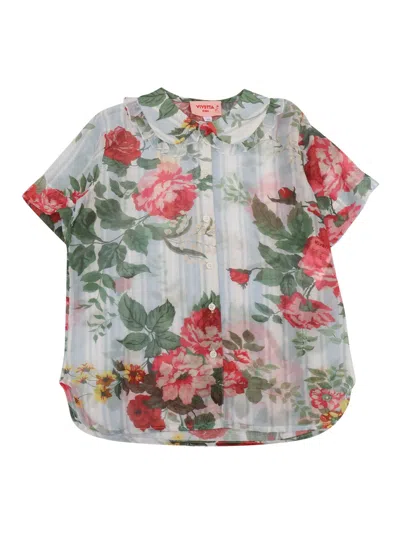 Vivetta Kids' Flower Printed Shirt In Light Blue In Multi