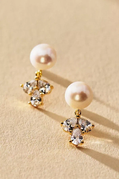 Vivian Drew Pearl & Triple Crystal Stud Earrings In Gold
