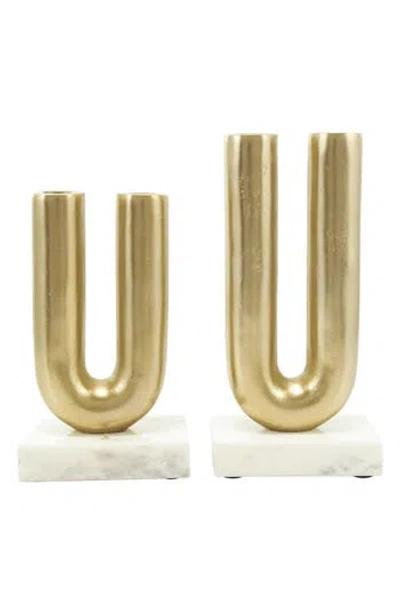 Vivian Lune Home Set Of 2 Aluminum Metal Candleholders In Gold