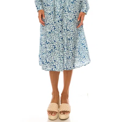 Vivid Long Sleeve Belted Floral Shirt Dress In Blue