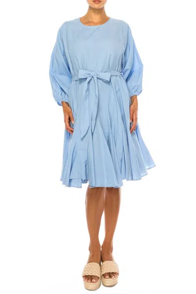 Vivid Long Sleeve Belted Godet Skirt Flared Dress In Blue