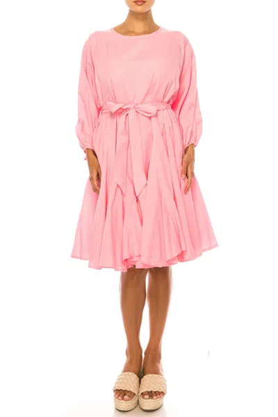 Vivid Long Sleeve Belted Godet Skirt Flared Dress In Pink
